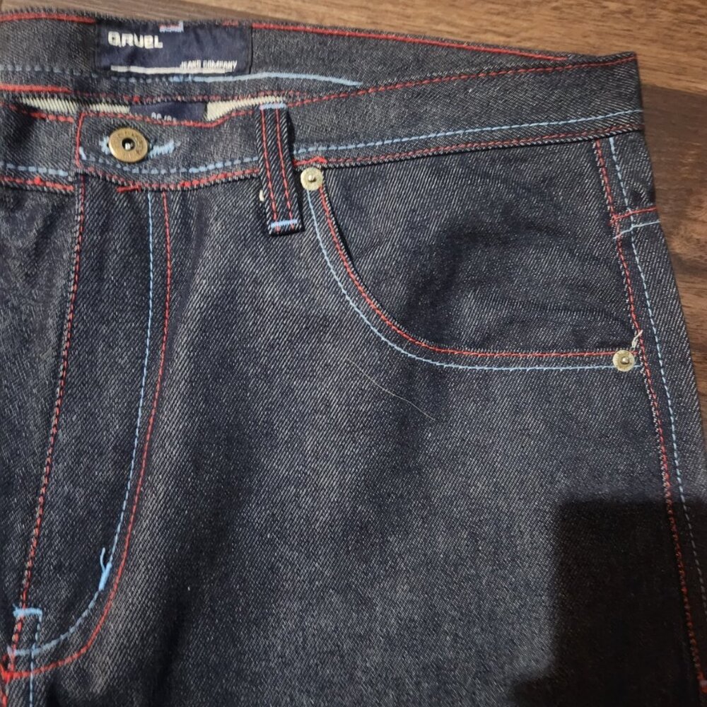 Vintage Qruel Jeans men's 36x32 Blue Dark Raw Red Stitching Baggy y2k - Picture 4 of 14